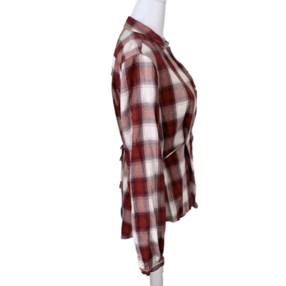 Levi Long sleeve shirt w collard V-neck, Red n White patten, tie Back, Size Med - Picture 3 of 11